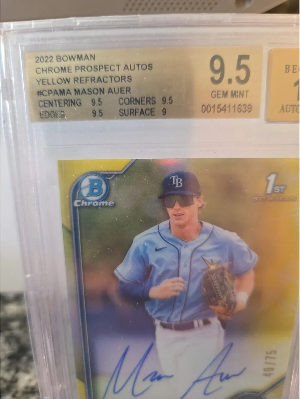 MASON AUER 2022 Bowman Chrome Yellow Refractor 49/75 BGS 9.5/10 Tampa Bay